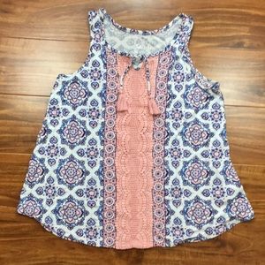 3/$25 Justice Girls Pink White Mosaic Tassel Crochet Tank Top Size 14/16 Girly